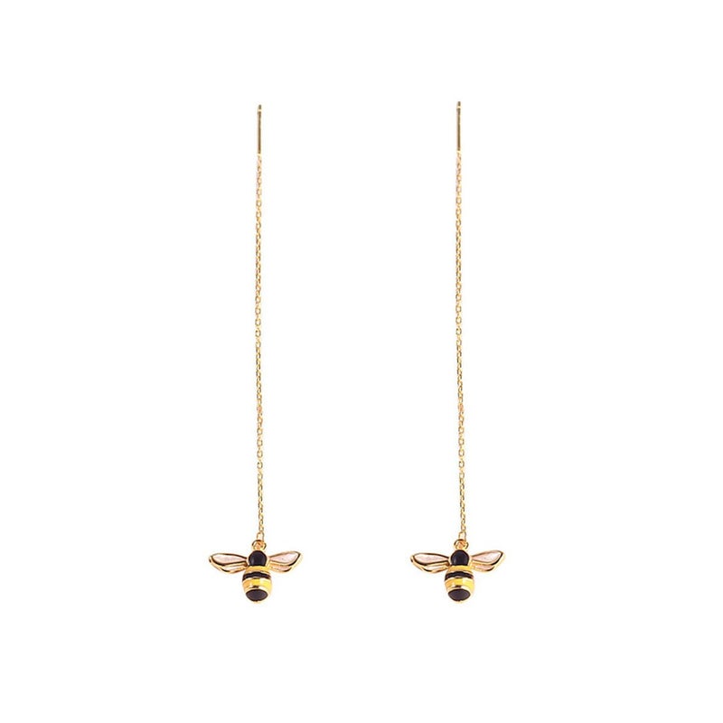 SLUYNZ 925 Sterling Silver Bumble Bee Dangle Earrings for Women Threader Earrings Chain (18K Gold Plated) - Image 1
